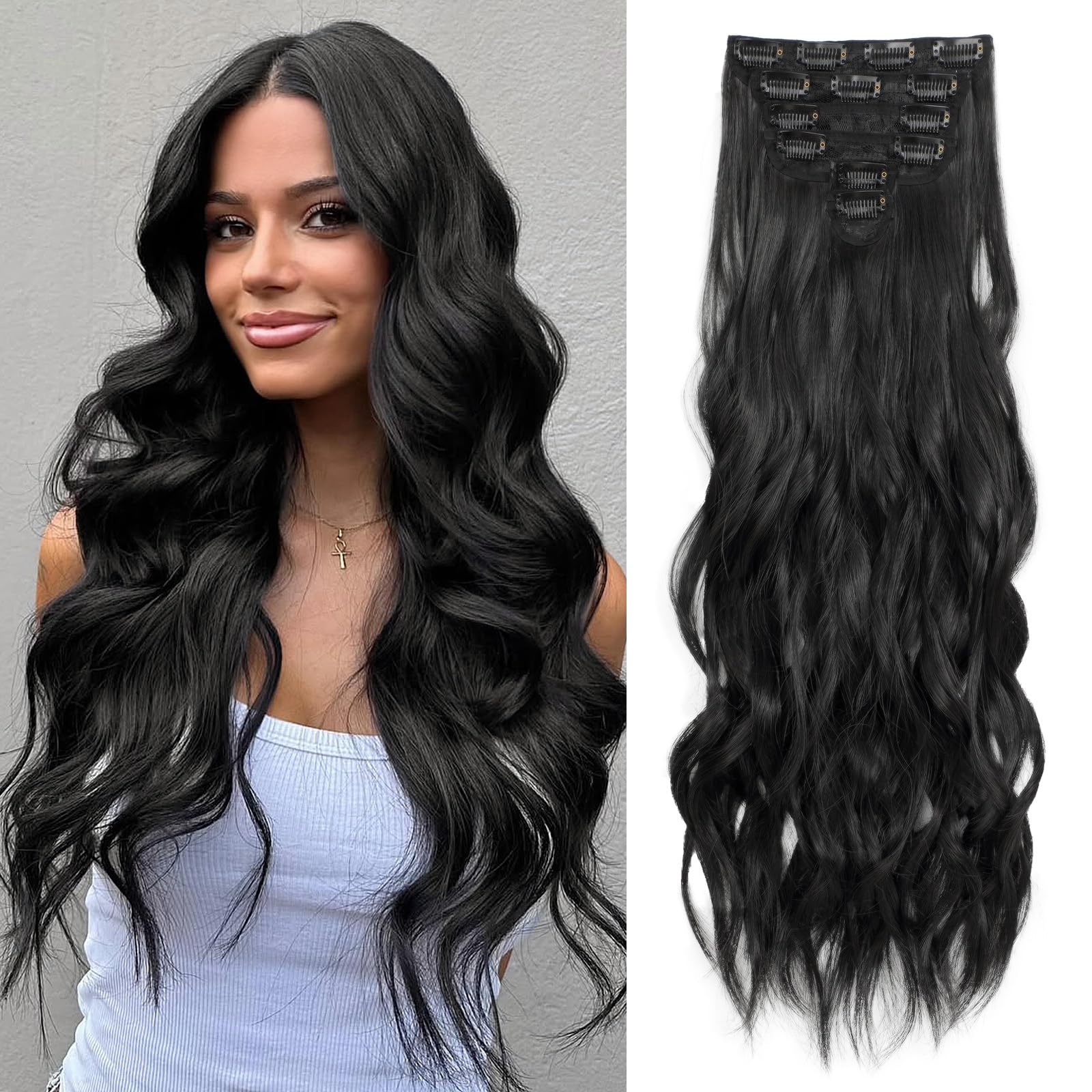 Photo 1 of Clip in Hair Extensions for Women, Natural Black Extensions, 24 Inch 6PCS Hairpieces Long Wavy soft Thick Hair Extensions clip ins