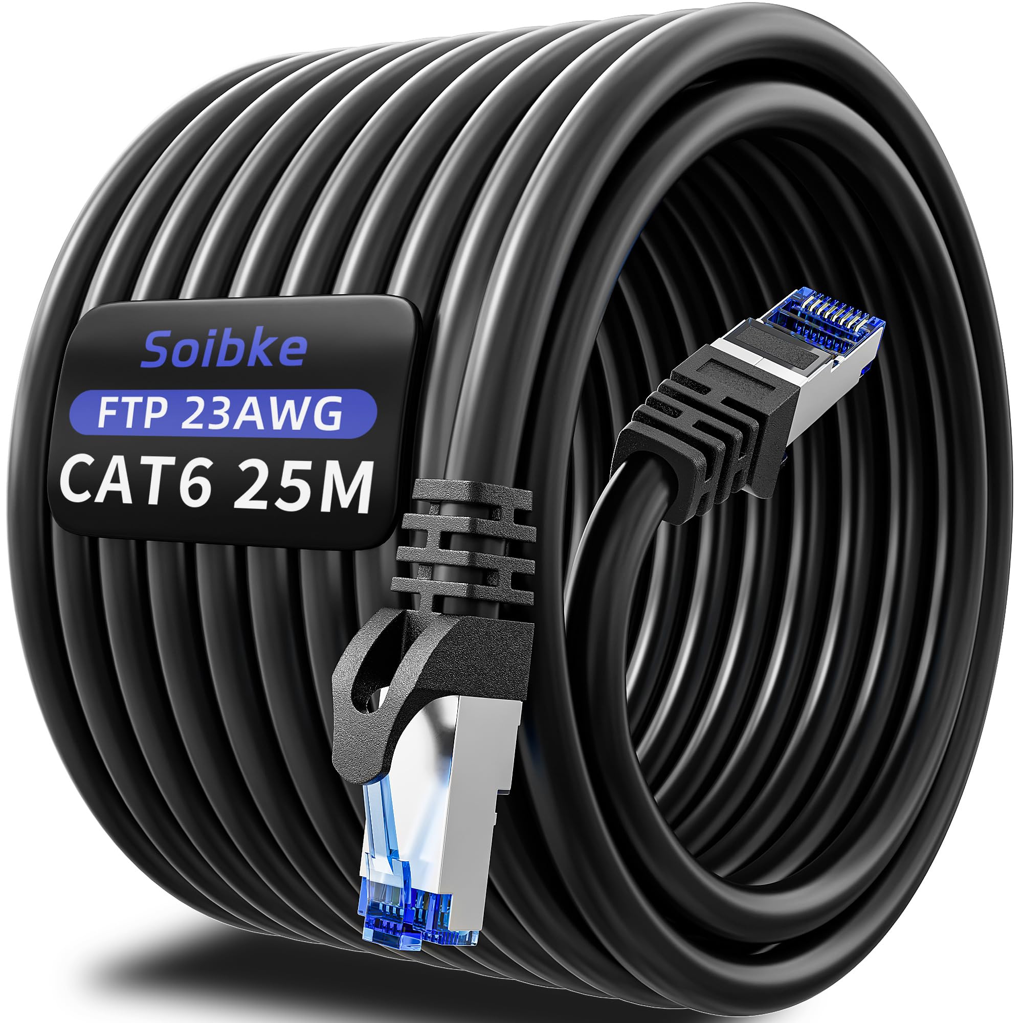 Soibke Ethernet Cable 25m, Cat 6 Internet Cable 25m High Speed 23AWG Black Network Cable Wifi Cable FTP Shielded Wlan Cables Anti Jamming 1000Mbps Indoor RJ45 LAN Cables for Router