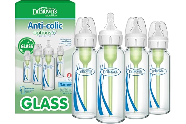 Dr. Brown's Anti-Colic Options+ Narrow Glass Baby Bottle with Level 1 Slow Flow Nipple, BPA-Free, 8 oz/250 mL, 0m+, 4-Pack (Packaging May Vary)