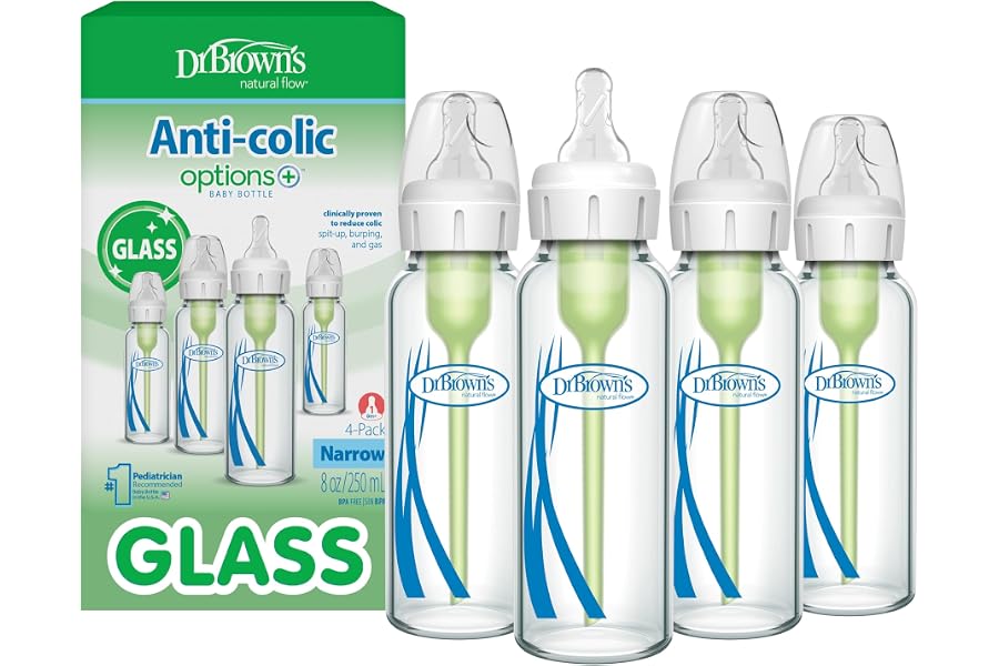 Dr. Brown's Anti-Colic Options+ Narrow Glass Baby Bottle with Level 1 Slow Flow Nipple, BPA-Free, 8 oz/250 mL, 0m+, 4-Pack (P