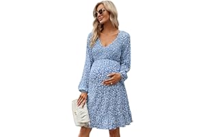 Coolmee Women's Maternity Short Sleeve Ruffle Dress V Neck Summer Casual Smocked Flowy Midi Dress for Baby Shower Photoshoot