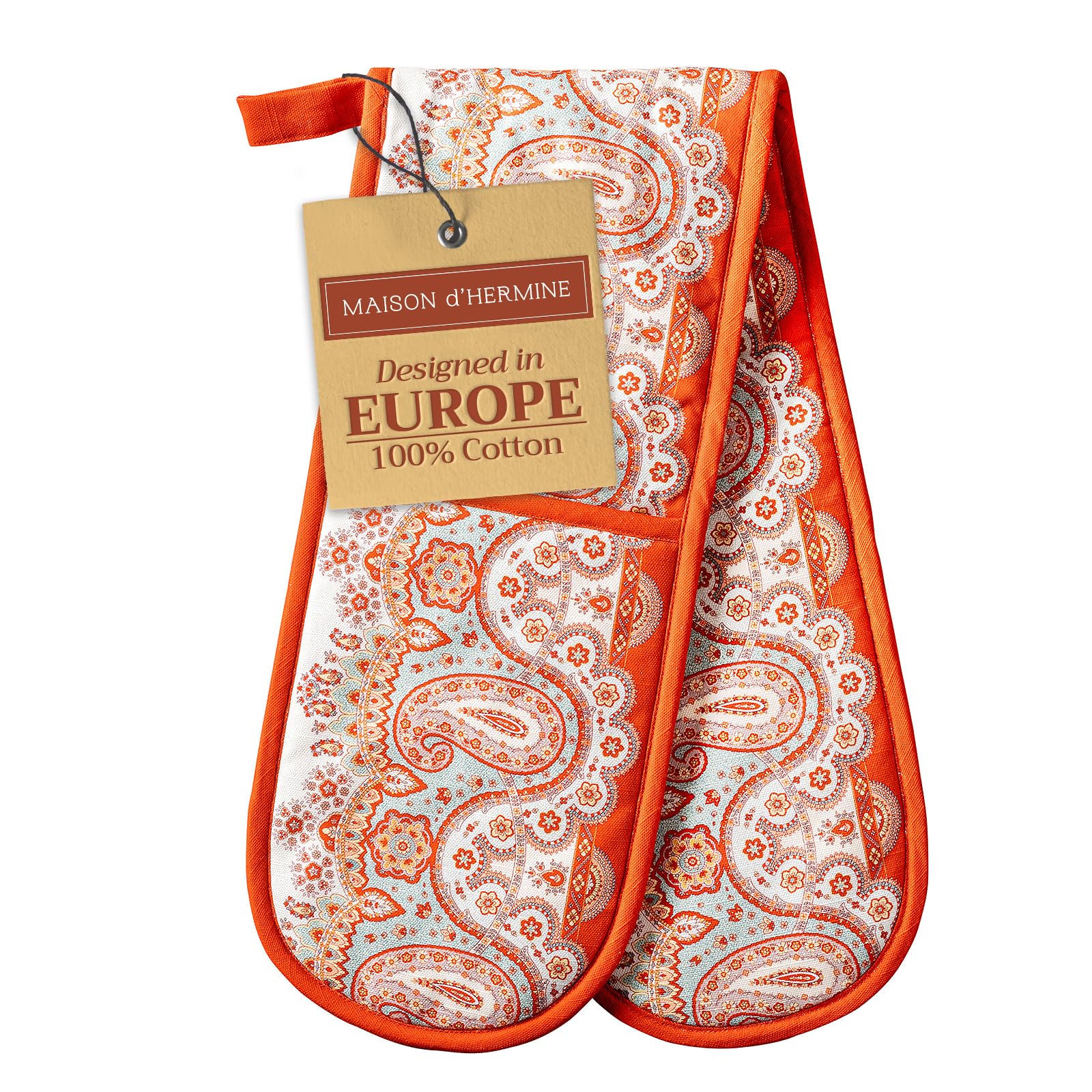 Maison d' Hermine Double Oven Mitt (18 cm x 89 cm) 100% Cotton Heat Resistant BBQ Cooking Gloves with Loop for Christmas Decorations Baking Cooking Barbeque Handling Hot Pan (Cachemire)