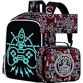 KLFVB 3PCS Kids Backpack, Luminous School Backpacks with Lunch Box, 17" Water Resistant Boys Camo Bookbag for Middle Elementary Teens to School Travel - Luminous Game