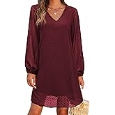 Amoretu Womens Chiffon Dress Swiss Dot Long Sleeves Tunic Dresses (Burgundy, M)