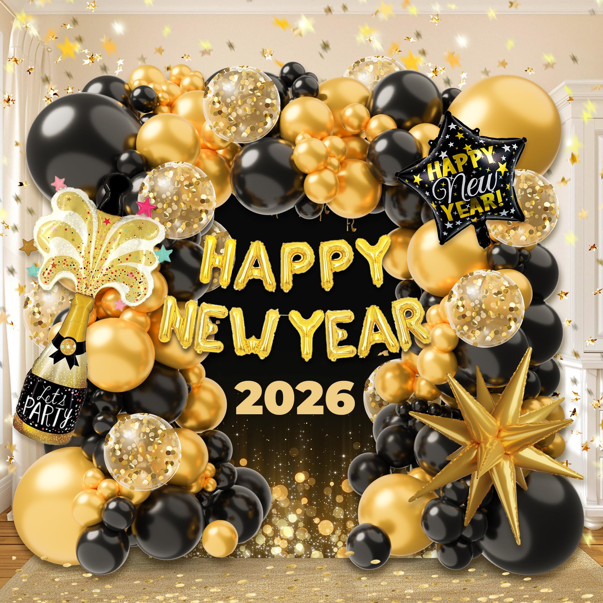 Photo 1 of 2026 Happy New Year Balloon Arch Kit - 140PCS Black and Gold Balloon Garland with Metallic Gold, Confetti Balloons & NewYear Mylar Balloons Happy New Year Eve Party Decorations for 2026 Celebration