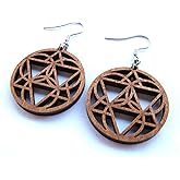 Wooden Earrings in Gift Box Sun Moon Earth, Solar Eclipse, 0g, Laser Cut Circle Drop Earrings with Hypoallergenic Hooks
