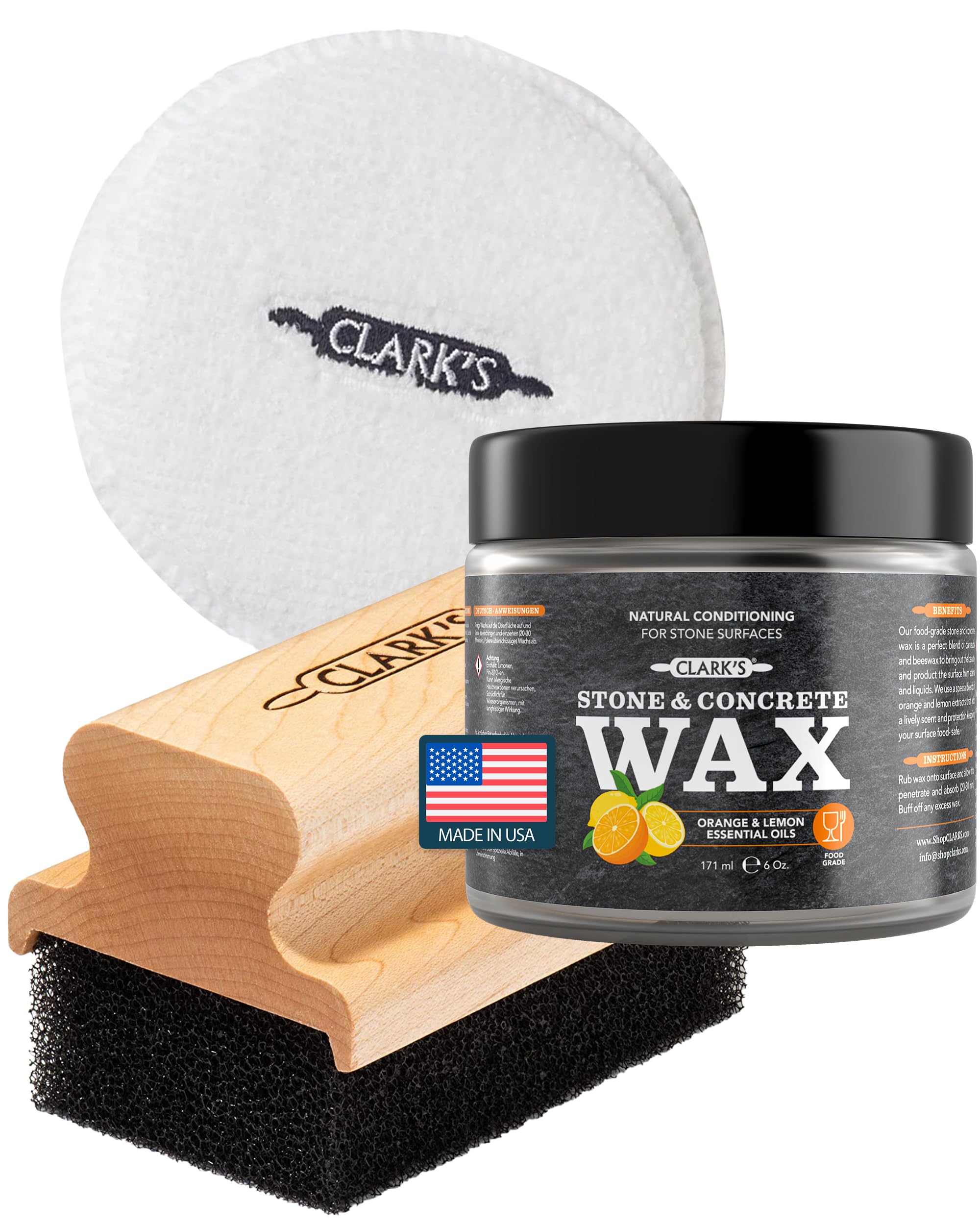 CLARK'S Finishing Kit for Soapstone - Slate and Concrete Countertops - Includes Wax - Large Applicator and Buffing Pad - Stone Floor Wax - Stone Sealer Wax (177ml) - Lemon and Orange Extract