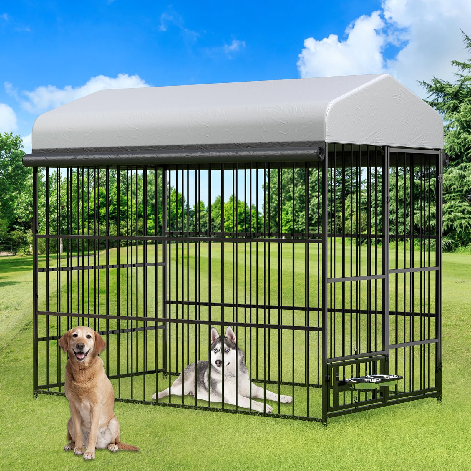 Photo 1 of ***PARTS ONLY***
ovibek Outdoor Dog Kennel with Roof, Dog Kennel Outside Heavy Duty Dog Playpen, Dog Run Enclosure with 2 Rotating Bowl & Sun-Proof Cover Dogs