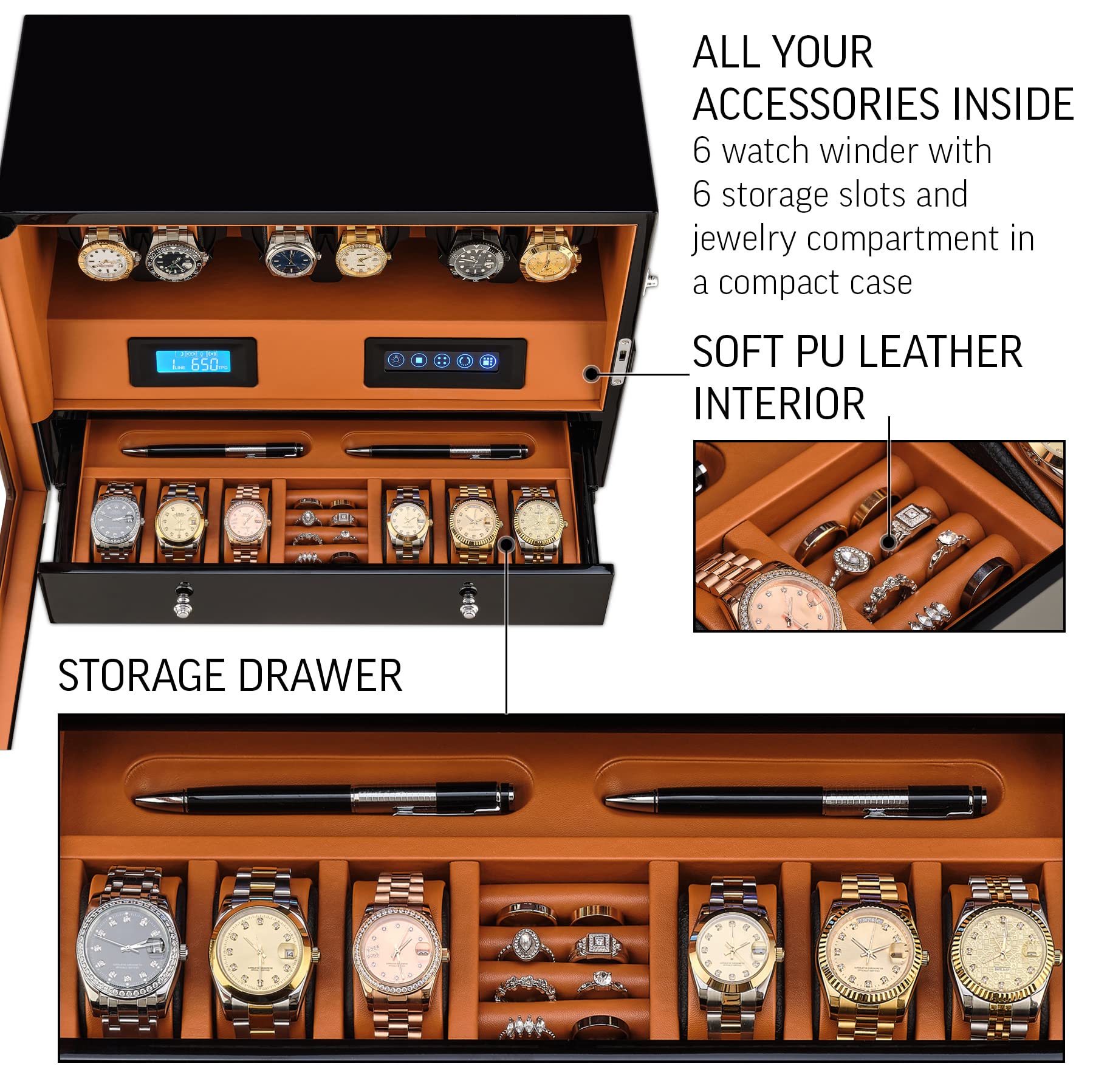 6 Watch Winder with Jewelry Storage Drawer, LCD Display, Touch Control and Interior Backlight