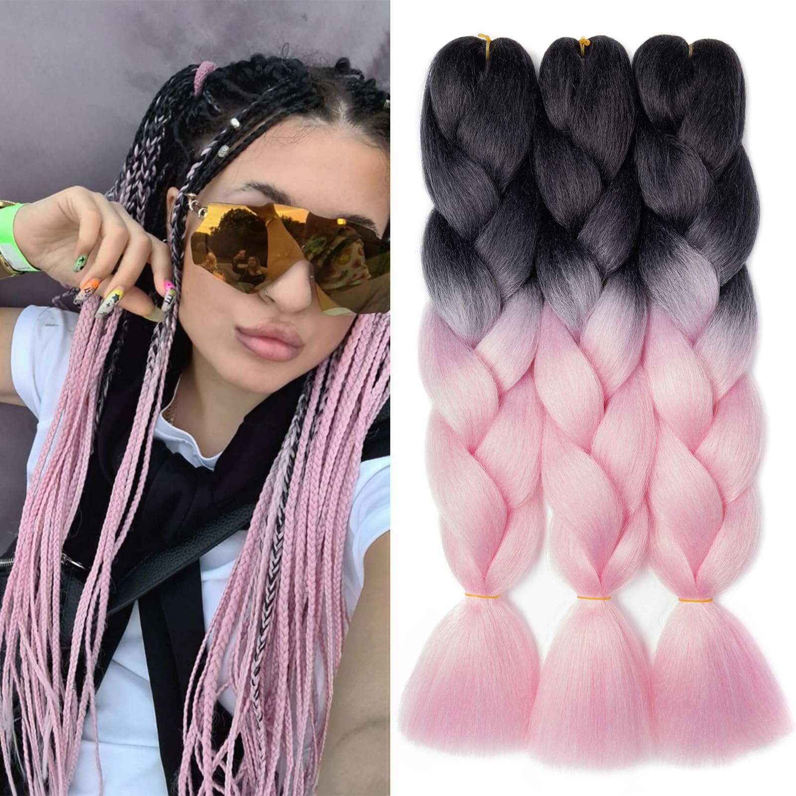 Dcbaboo Jumbo Braiding Hair Extensions 3 Packs 24 Inch Synthetic Kanekalon Ombre Afro Crochet Braids Twist 300g, Black-Pink — image 1