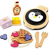 PairPear Wooden Waffle Maker Toy Food Playset, Kids Pretend Play Food Kitchen Accessories, Wooden Cooking Toy Baking Playset, Toddler Play Breakfast Brunch Tea Sets Cutting Food Gift for Girls Boys 3+
