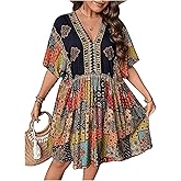 MakeMeChic Women's Plus Size Boho Dress Half Sleeve Flowy Sundress V Neck Summer Short Dresses