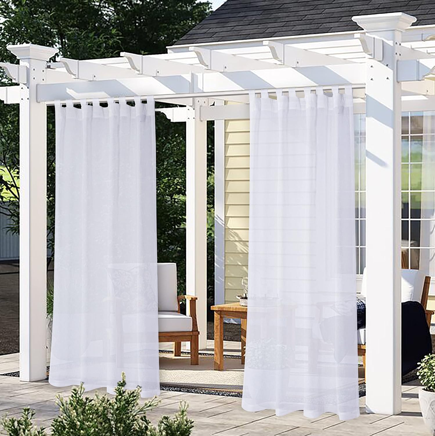 Outdoor Curtains - LORDTEX Burlap Linen Look Outdoor Curtain for Patio - 2 Panels Waterproof Tab Top Sheer Curtains for Pergola, Porch, Cabana and Gazebo Indoor/Outdoor Voile Sheer Drapes, 52 x 120 Inch, White