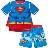 DC Comics Cosplay Rash Guard, Swim Trunks & Detachable Cape UPF 50+ 3 Piece Set Toddler to Little Kid Sizes (2T - 7-8)