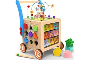 9-in-1 Wooden Activity Cube | Wooden Baby Walker, Sit-to-Stand Learning Walker Activity Center, Early Educational Push & Pull