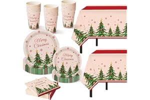 Childom Christmas Party Supplies,102 Pcs Xmas Tree Themed Party Set,Christmas Decoration Dinnerware Set,Disposable Tablecloths Plates Cups Napkins Xmas Tableware For Home,Dinner,Picnic,Holiday,Parties