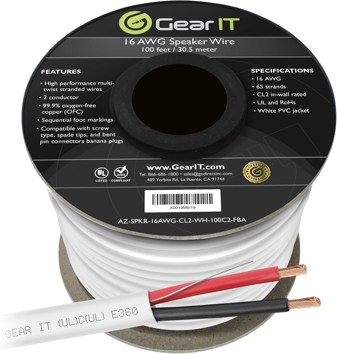 16 AWG CL2 OFC in Wall Speaker Wire, GearIT Pro Series 16 AWG Gauge (100 Feet / 30.48 Meters/White) OFC Oxygen Free Copper UL CL2 Rated in-Wall Speaker Wire Cable for Home Theater and Car Audio: Electronics