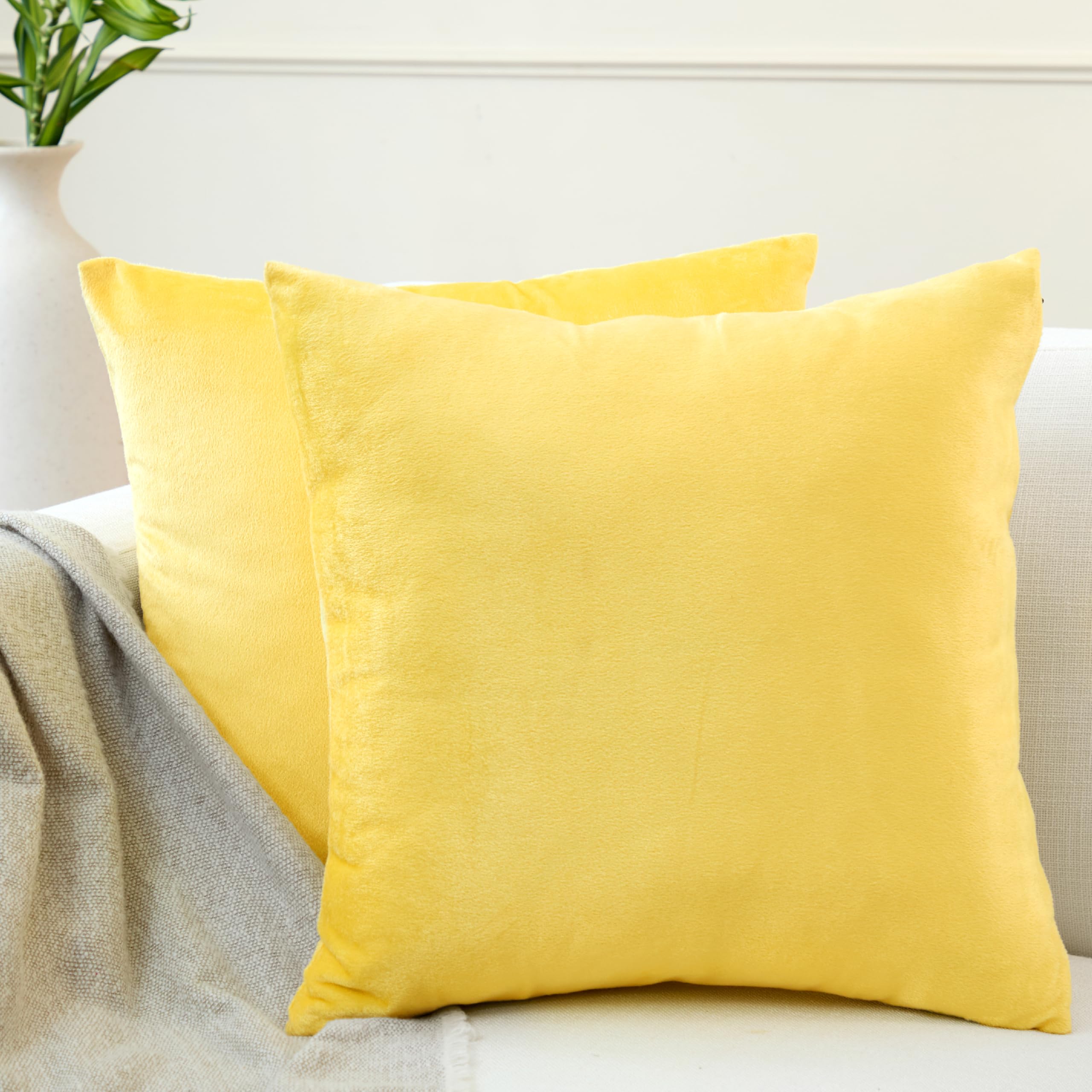 Encasa XO Velvet Cushion Covers (50x50 cm) Set of 02 | Lemon Yellow | Luxurious Square Velvet Throw Pillow Covers With Invisible Zippers | Living Room, Sofa, Chair