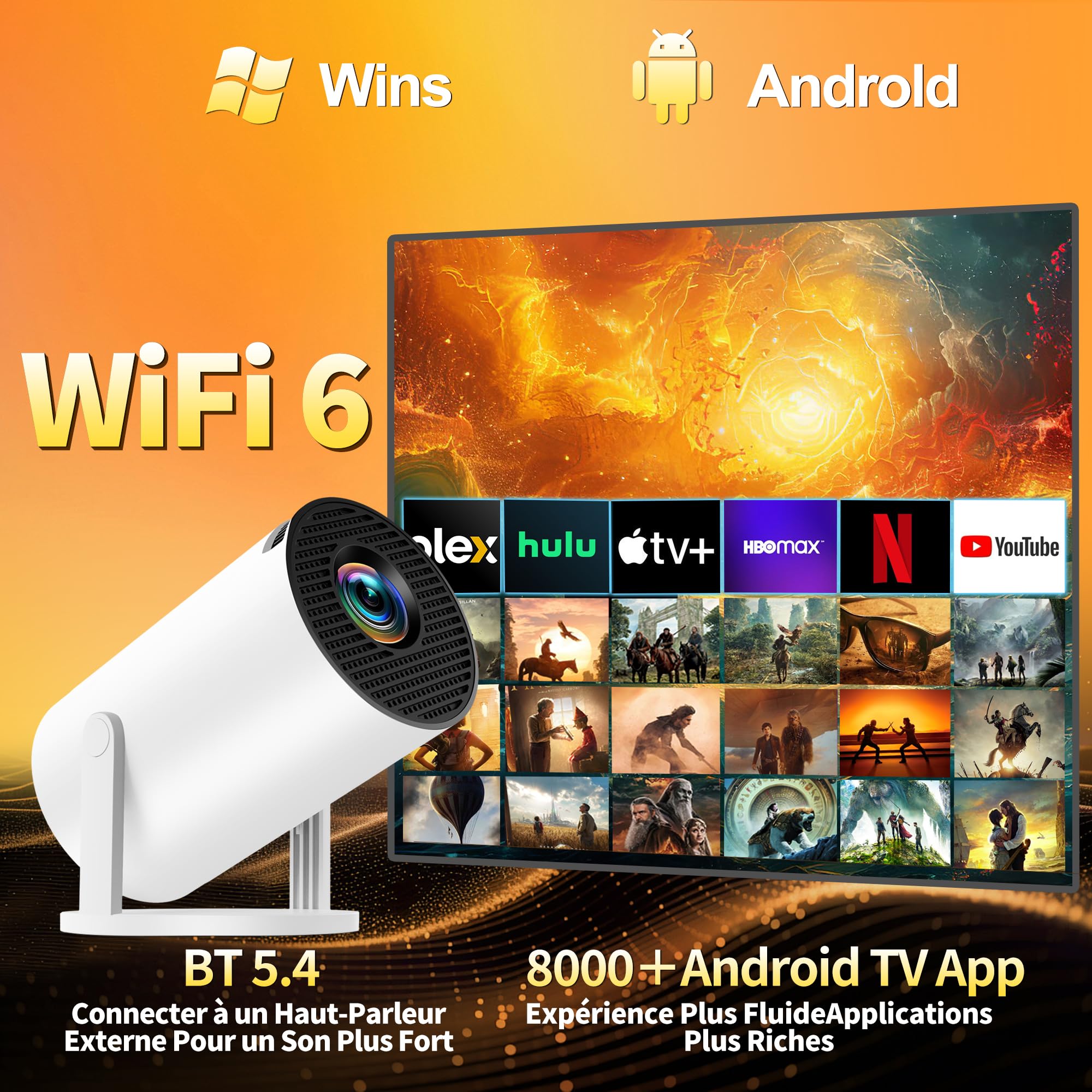 [Built-in Apps & 2025 Upgraded] Mini Projector with WiFi 6 and Bluetooth 5.4 Support 4K 1080P Auto Keystone 270° Rotatable Projector Portable Compatibile with HDMI/TV Stick/Memory Stick - White