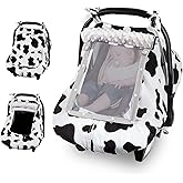 FIOBEE Baby Car Seat Cover, Car Seat Covers for Babies Infant Car Seat Canopy with Breathable Mesh Window Waterproof Carseat Cover for Babies Boy Girl 4 Seasons, White/Cow