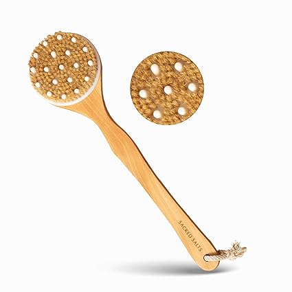 Sacred Salts Wooden Bath Brush for Dry Brushing with Long Handle | Natural Boar Bristles and Nubby Massager | Dry Brushing Removes Dead Skin & Treats Cellulite