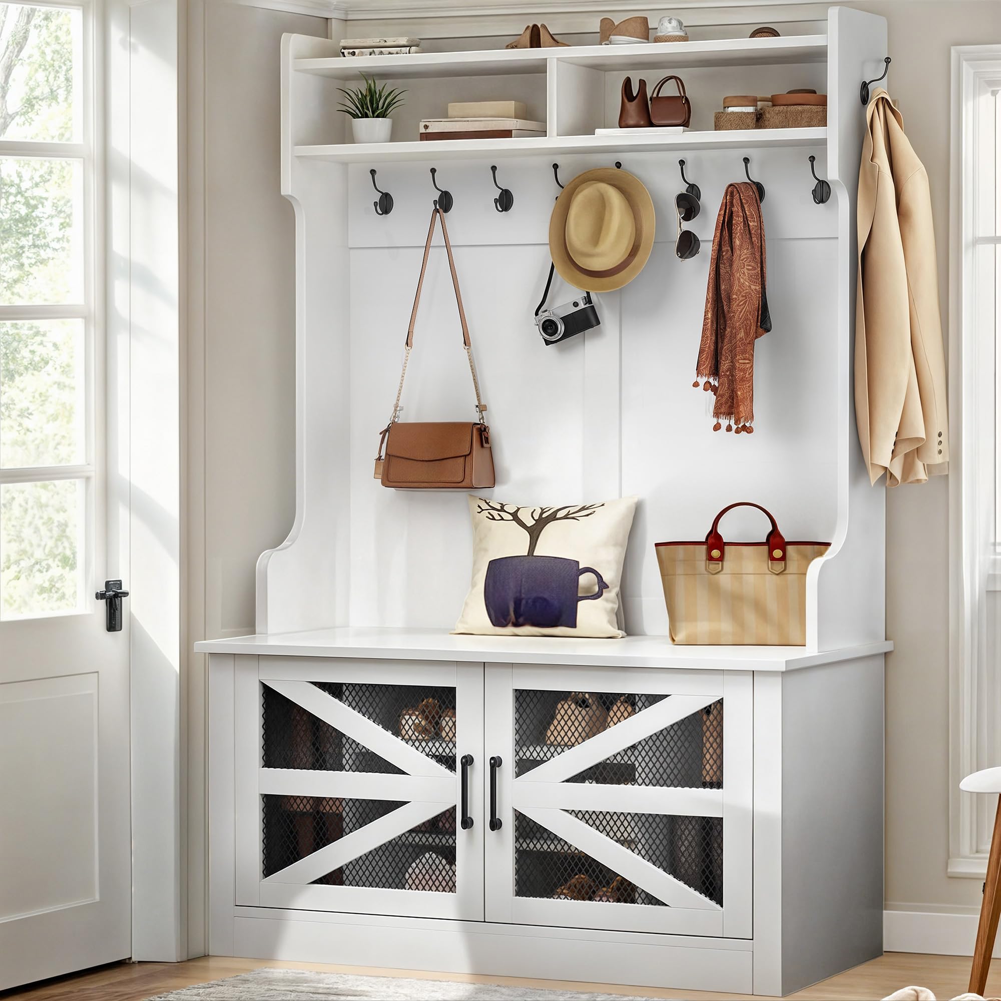 Photo 1 of DWVO 42" Wide Hall Tree with Shoe Storage, Farmhouse Entryway Bench with Coat Rack, 10 Shoe Cubbies with Adjustable Shelves & 10 Coat Hooks, Shoe Storage Bench for Entryway Hallway (White)
