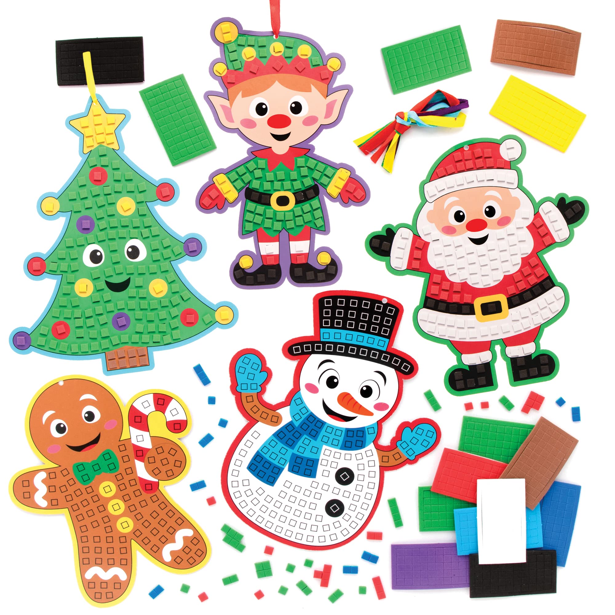 Baker Ross FC197 Christmas Mosaic Decoration Kits - Pack of 4, Winter Mosaic Tiles Arts and Crafts, Christmas Mosaic Kits for Children, Creative Activities for Kids