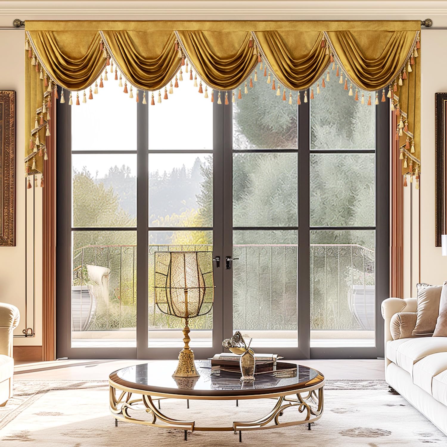 Photo 1 of VOGOL Gold Velvet Kitchen Curtains Valance, Retro Decorative Waterfall Valances with Elegant Tassels, Luxury Swag Curtain Panels for Farmhouse Living Room, W138, 1 Piece