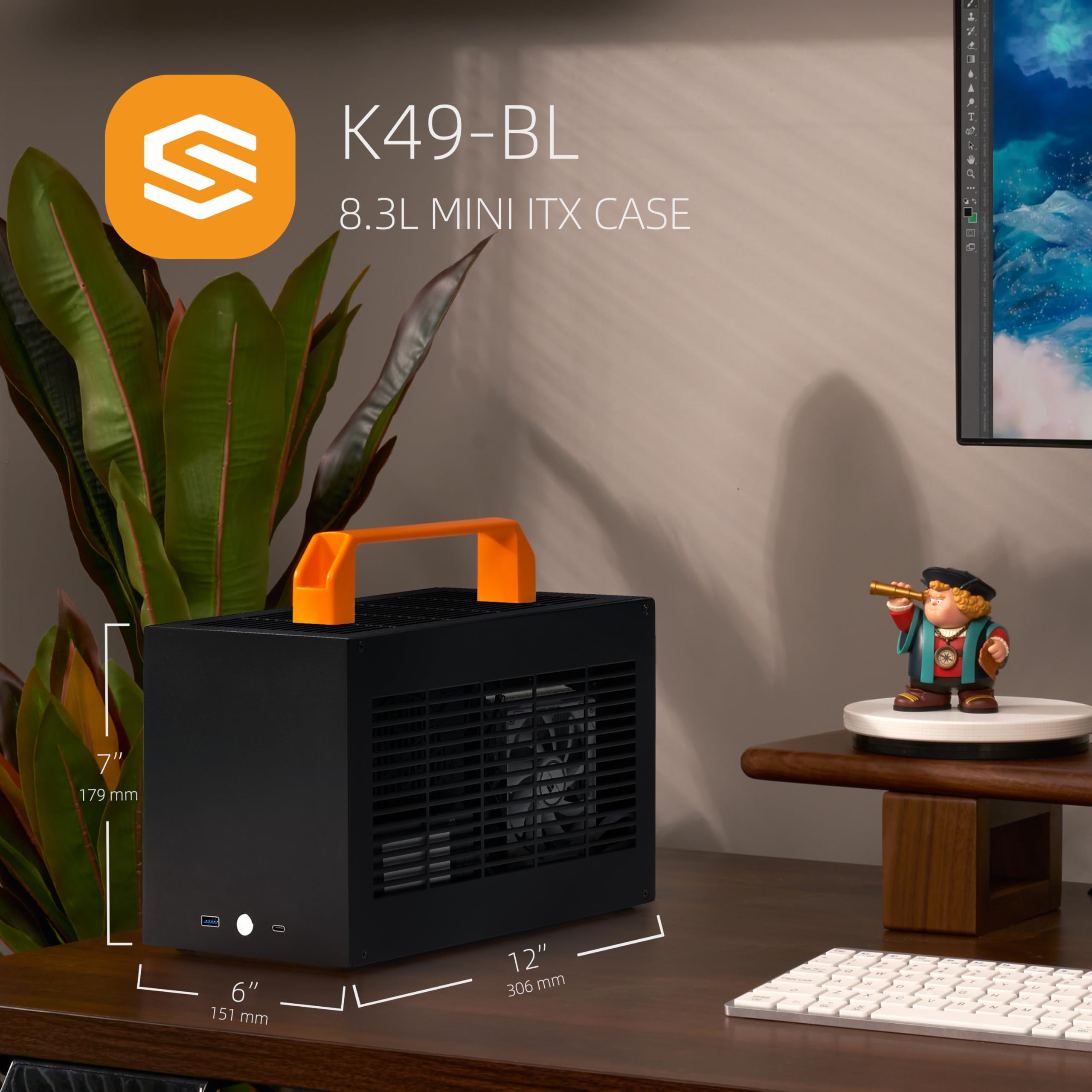 SGPC K49-BL Mini ITX Case - 8.3L Small Form Factor, Supports GPU up to 300mm, CPU Cooler up to 69mm, SFX PSU, USB 3.0 & Type-C Front I/O, Includes Acrylic Side Panel & Carrying Handles