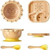 BABY REMEMBER Suction Plates Bowls Set for Baby Toddler Non-Toxic Bamboo Feeding Set with Silicone Fork &amp; Spoon (Yellow Feeding Set)