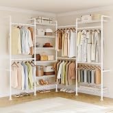 ONBRILL L4 Wall Mounted Heavy Duty Corner Industrial Pipe Clothing Rack | Closet Organizer and Storage System with 6 Hanging Clothes Rods ( 4 Expandable) &amp; 8 Shelves, Large Wardrobe - White
