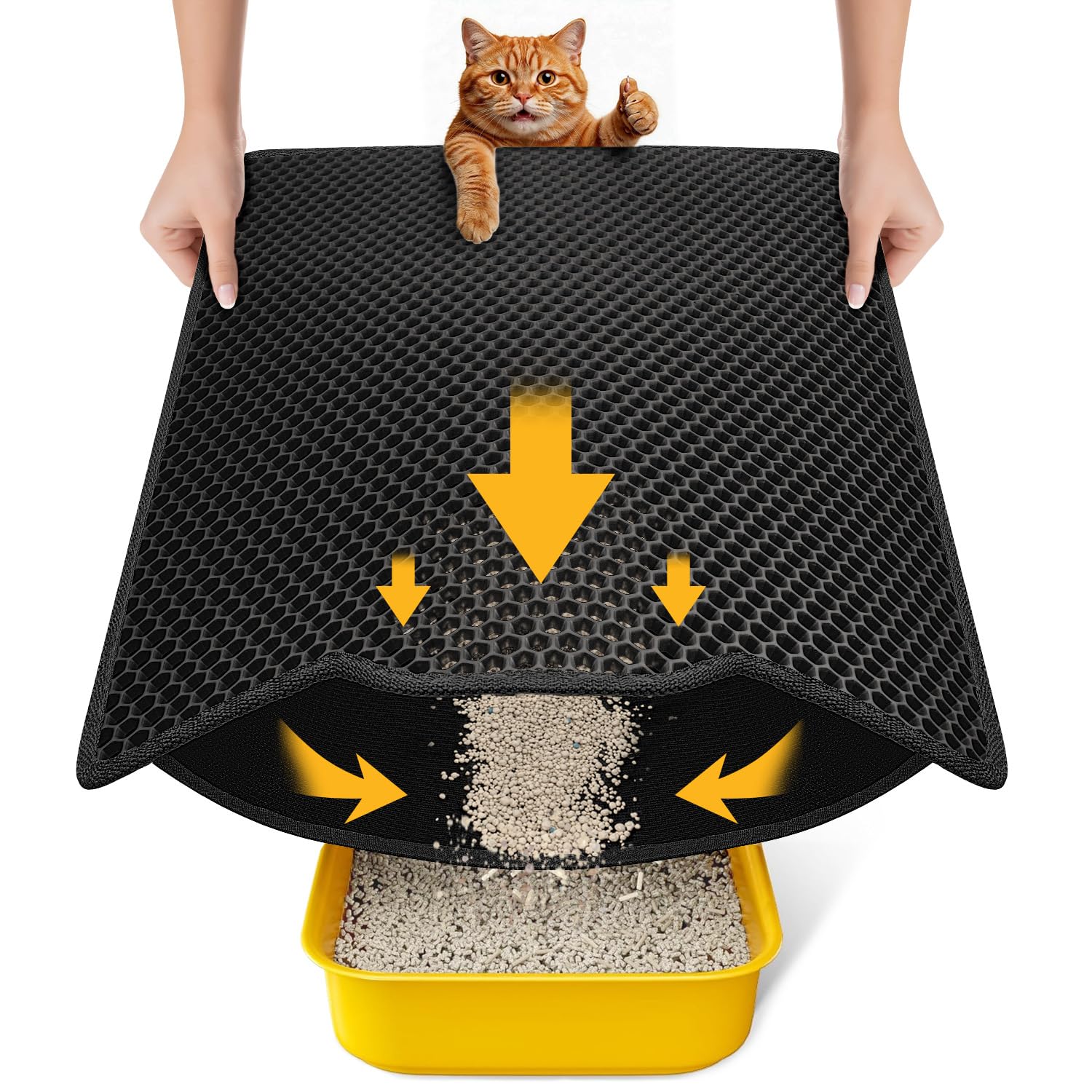 Conlun Cat Litter Mat, 58x42cm Honeycomb Double Layer Waterproof Urine Proof Litter Trapping Matt, Washable, No Slip Cat Mat for Waste Tray, Black