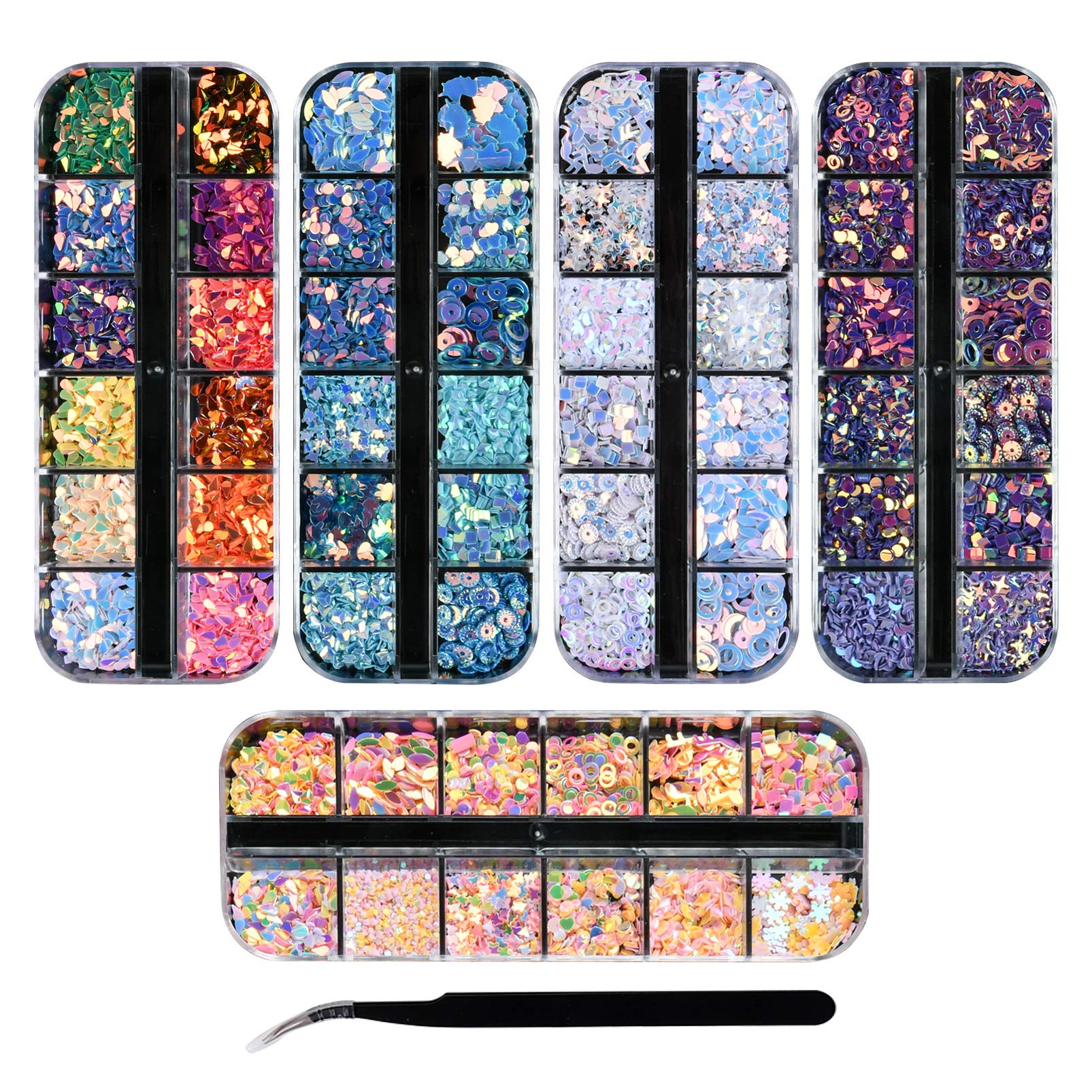 Ranvi 3000 Nail Sequins Shell Rivet Rhinestone Set Nail Polish, Multi-Color Nail Sequins Rhinestones, for Nail Decoration (5 Boxes, 1 Tweezers) Style 1 — image 1
