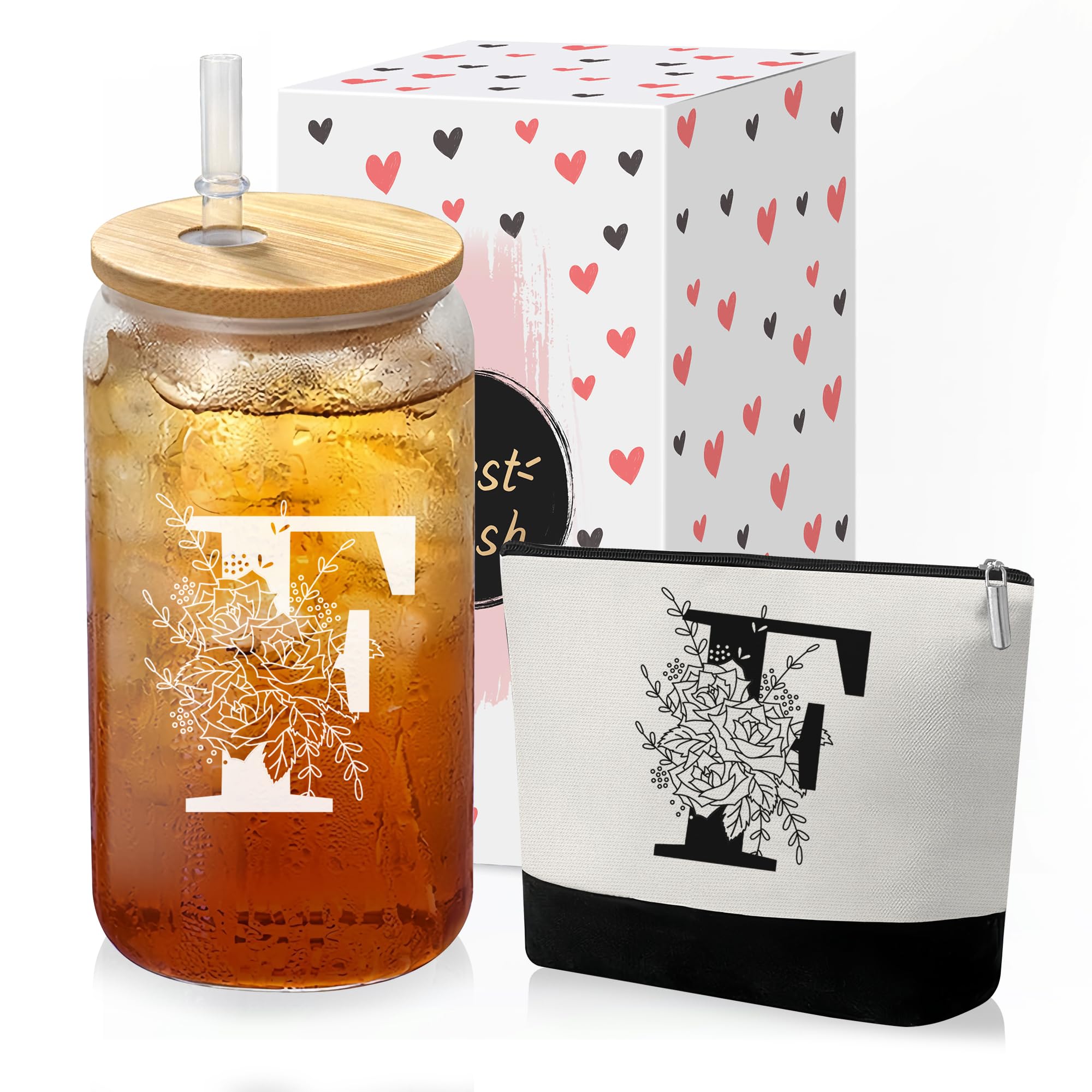 Photo 1 of GooBird Custom Glass Cup & Makeup Bag Set - Personalized Gifts for Women, Initial 16 oz Glass Tumbler with Lid & Straw, Monogram Makeup Bag - Birthday Gifts For Women, Mother's Day Presents(F)