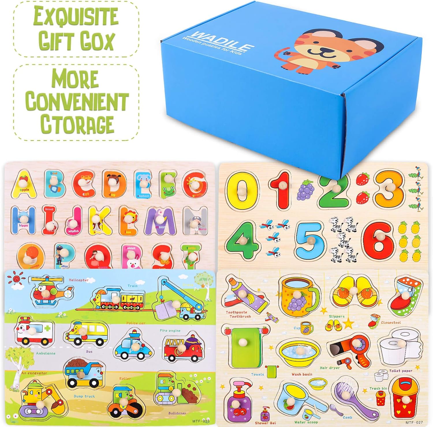 WADILE Wooden Toddler Puzzles for Kids Ages 1-5 Years Old, Wood Peg Puzzles Alphabet/Number/Animal, Knob Puzzles Learning Toys Educational Gift  for Girls and Boys: Toys & Games