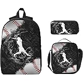 Baseball School Backpack Kids Girls Boys Teens 3PCS Bookbag with Lunch Box Pencil case Set Lightweight Bag