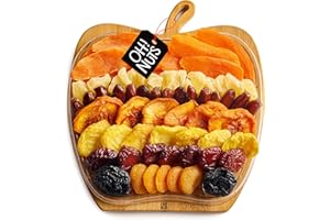 Oh! Nuts Dried Fruit Gift Basket - Gourmet Gift Baskets - Holiday Healthy Assortment Dried Fruits Gift Box - Crafted in the USA - Wooden Apple Shape Gift Tray - (Golden Brown)