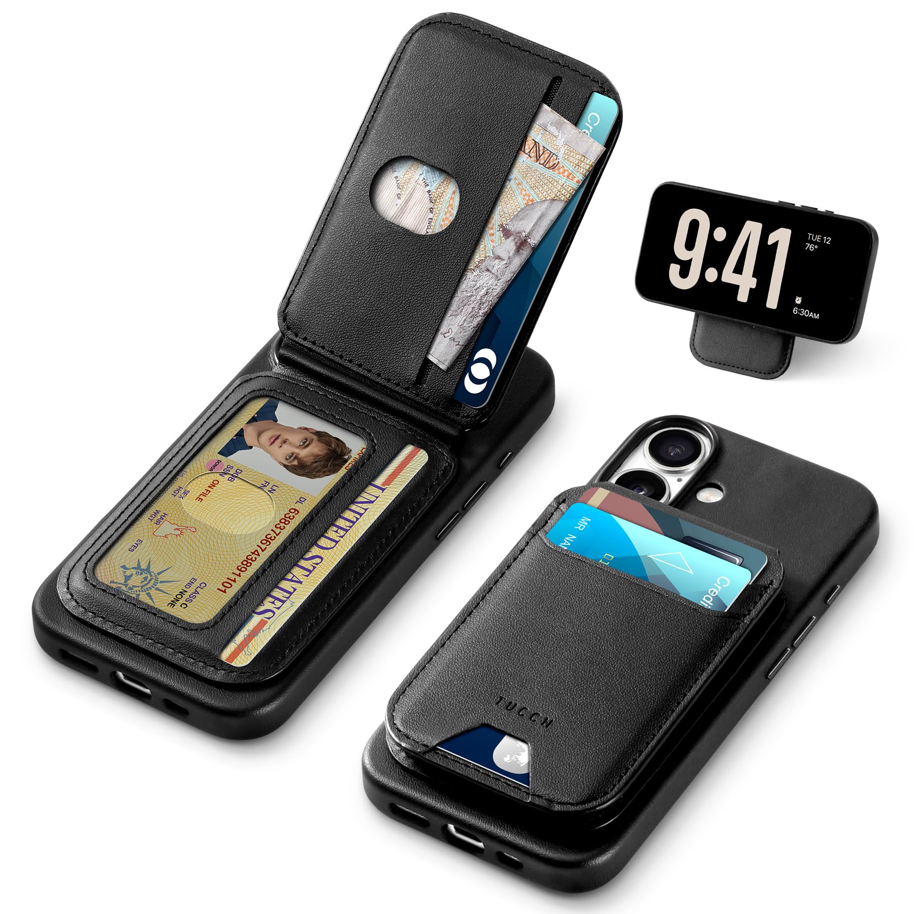 TUCCH Magnetic Case for iPhone 16 (6.1") 2024 with Detachable Wallet[5 Card Holders]Adjustable Stand[RFID Blocking][Wireless Charging]Protective Slim PU Leather Cover Compatible with iPhone 16, Black