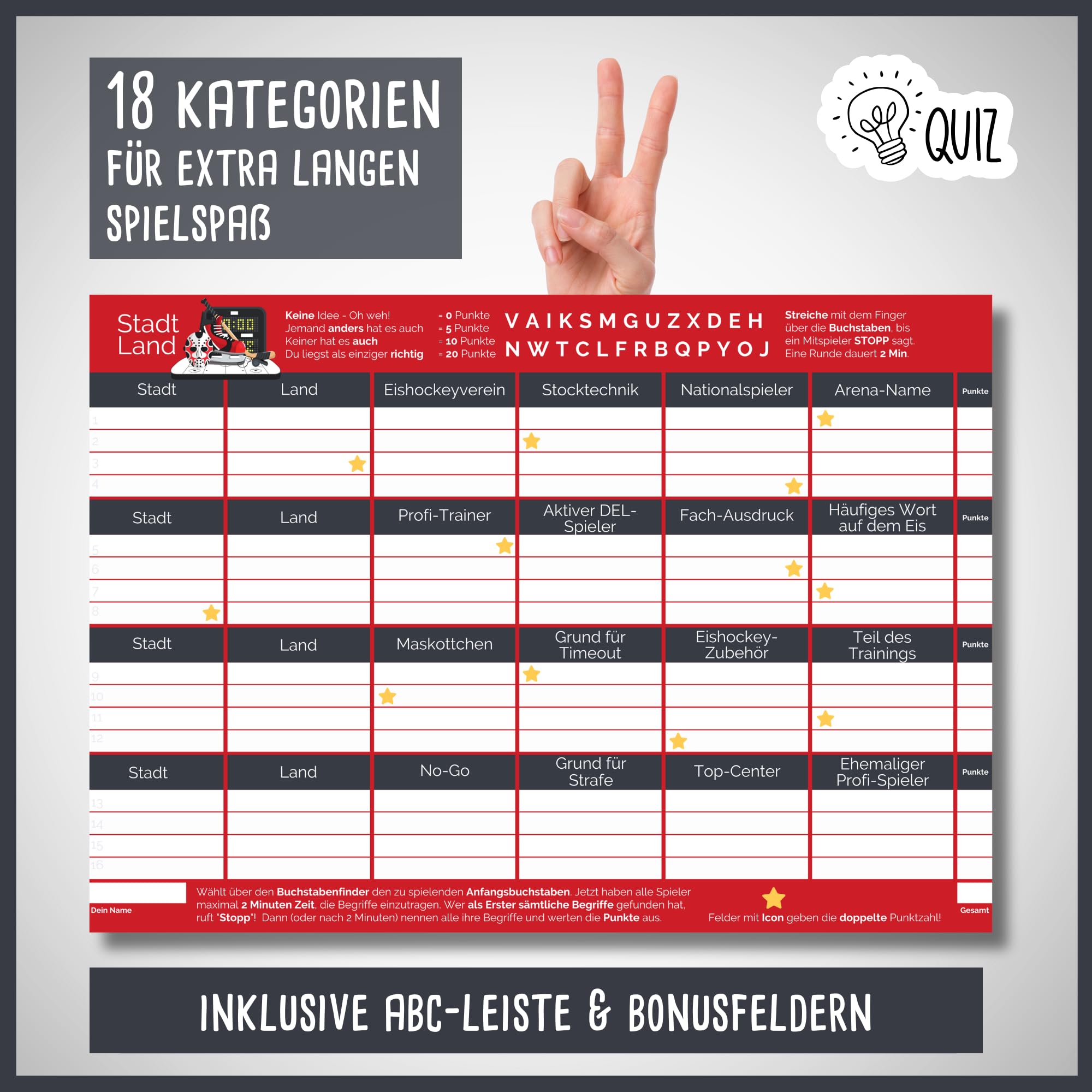 Stadt Land Eishockey by snaPmee - Geschenk für Spieler, Trainer & Fans - Quiz Spiel - 50 Blatt Din-A4 5