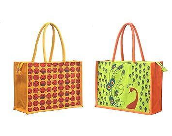 **02 Pack Combo**AGGDA Women Waterproof Jute with Colorful Printed Tote Shoulder Bag Handbag Eco-Friendly with Zip with Inner Pocket