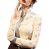 QiuDumo Women Elegant Fuzzy Floral Lace Long Sleeve Shirts Mock Neck Going Out Tops Dressy Casual Trendy