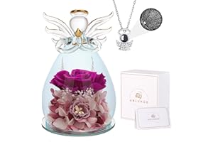 ANLUNOB Preserved Real Rose in Glass Angel Figurine with I Love You Necklace, Angel Rose Gifts for Her, Women, Mom, Wife on Christmas, Birthday, Mother's Day, Valentine's Day（Larger Purple Rose）