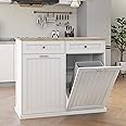 RASOO Double Tilt Out Trash Can Cabinet Freestanding Wooden Kitchen Garbage Trash Can Cabinet with Wood GrainTabletop and 2 Drawers