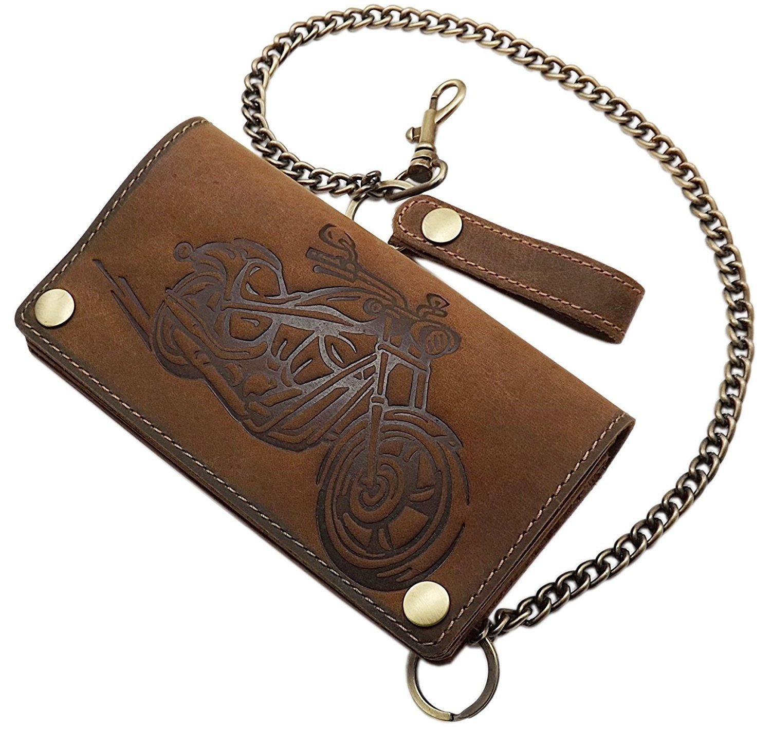 myledershop Buffalo Full Leather Biker Wallet with Metal Chain and Removable Card case with Motorcycle Motif with RFID & NFC Blocking in Black or Brown (Brown)