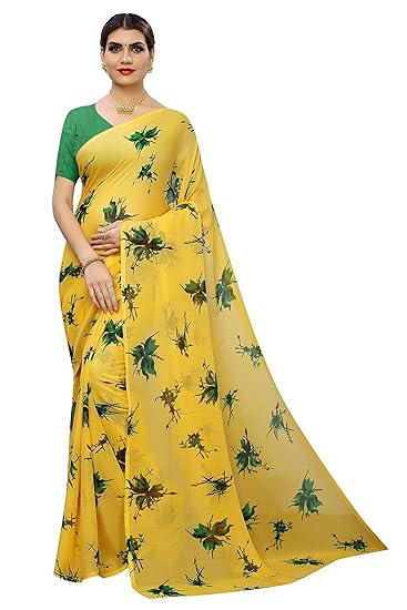 KSH Trendz Soft Georgette Crepe Blend Saree With Blouse Ideal For Women & Girls (25 DESIGNS AND PRINTS) (Yellow Green)