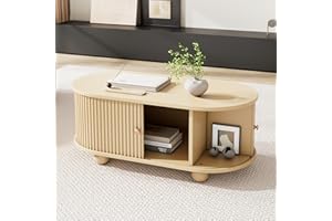Merax Oval Coffee Table with 2 Sliding Doors, Center Table, Sofa Table with Hidden Compartment, Open Storage Space, Rounded C