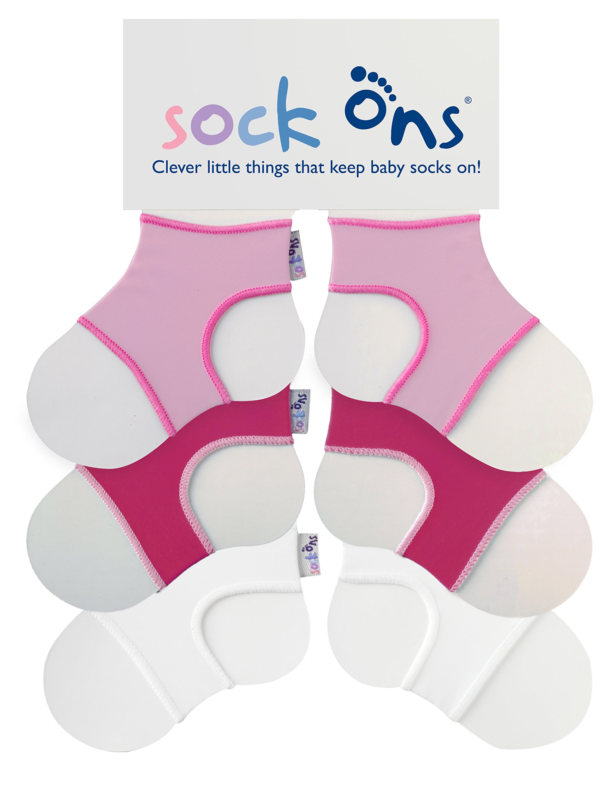 Sock Ons - Baby Sock Holders - 0-6 Months - 3 Pack (1 x White, 1 x Fuschia, 1 x Baby Pink) - Amazing Value Pack - Keep Baby