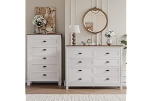 SINROM Farmhouse 2-Piece Bedroom Dresser Set, 8 Drawer Wide Dresser & 5 Drawer Tall Dressers, Distressed Wood Grain Finish with Shell Handles, Dressers Chest of Drawers for Bedroom