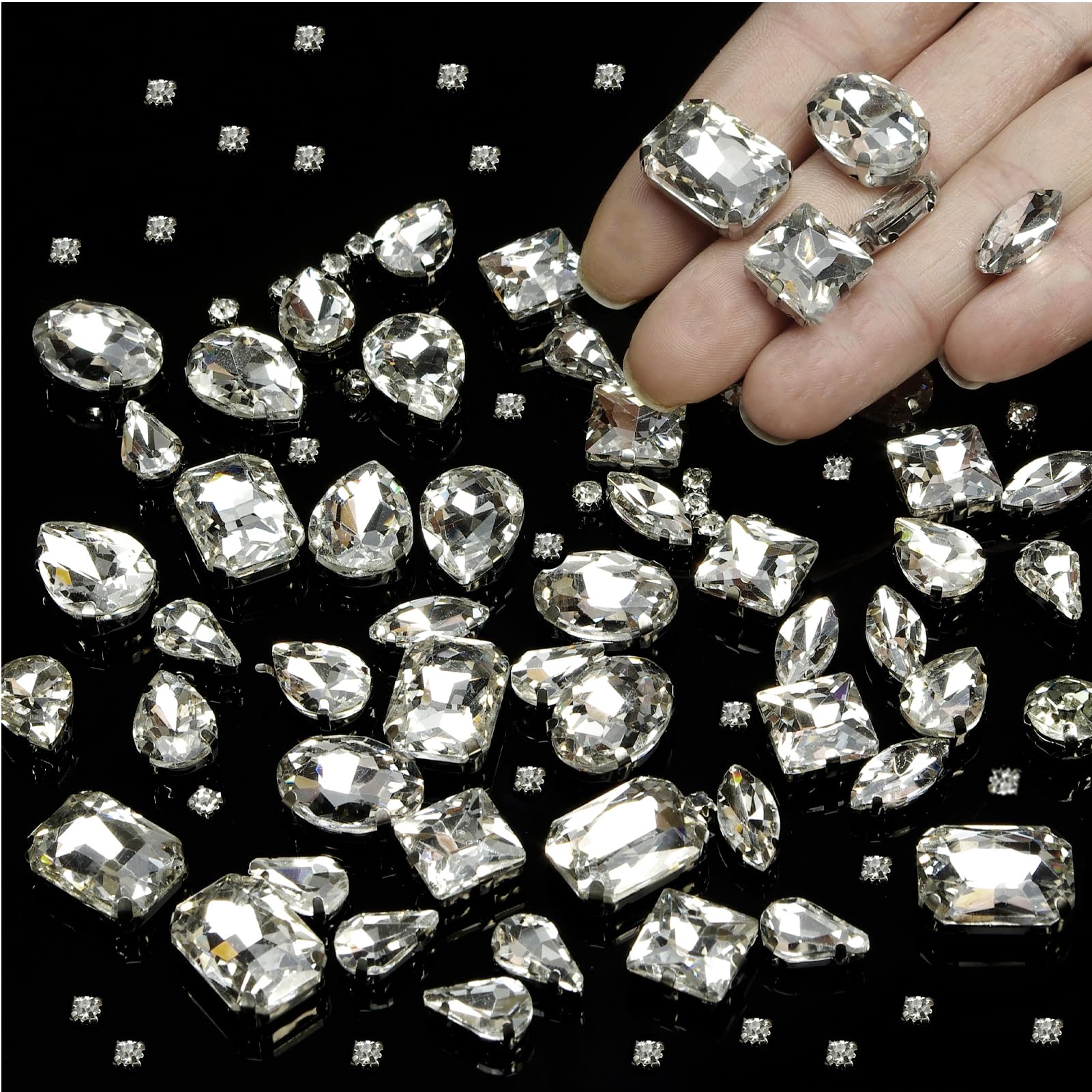 Photo 1 of 275pcs Sew on Rhinestones,Clear Glass Sew on Crystals Gems Diamond Stone Stainless Steel Flatback Prong Setting Crafts Mix Shapes Claw Rhinestones for Jewelry, Clothes,Shoes,Costume