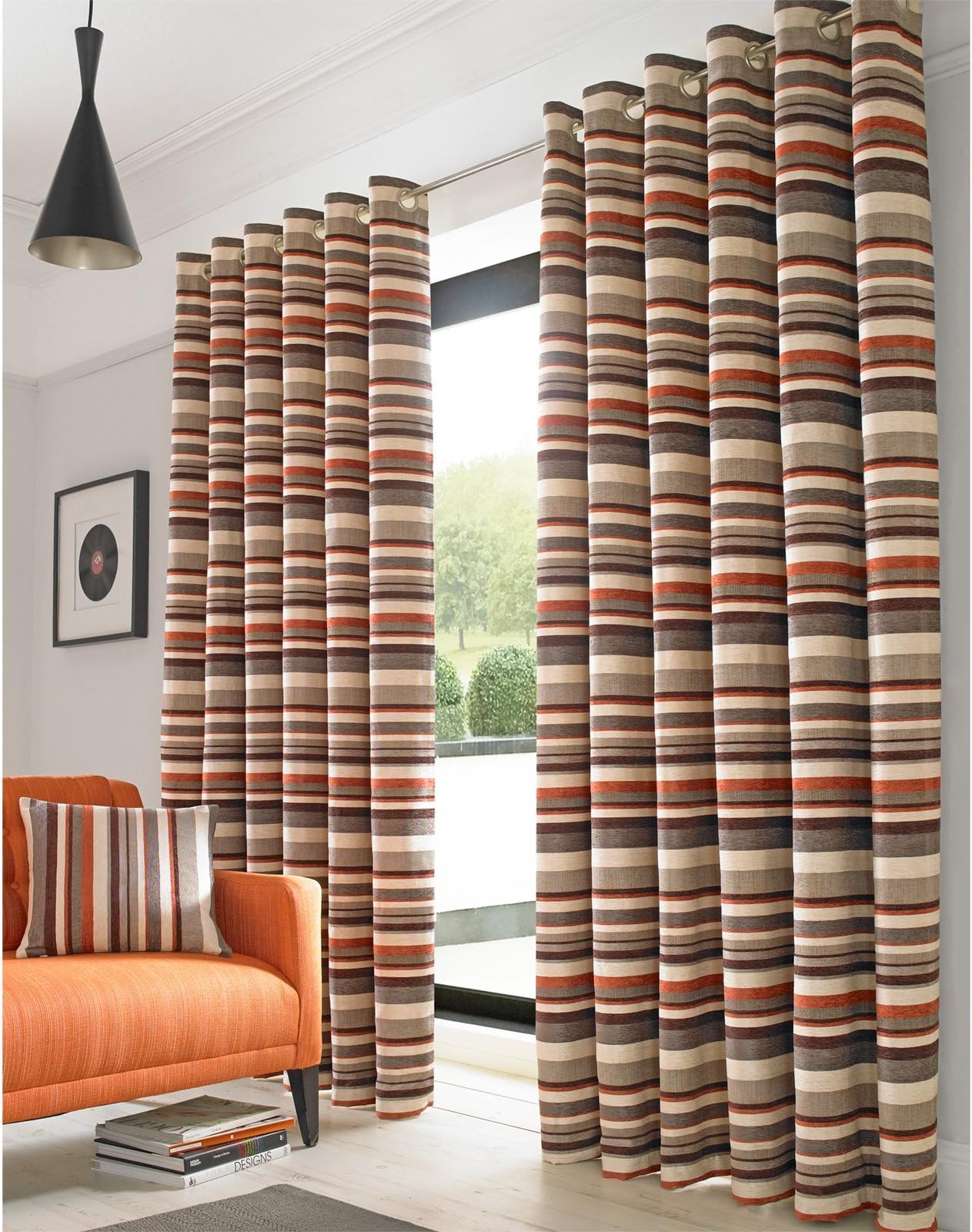 Just Contempo Striped Chenille Eyelet Lined Curtains, 66x72 inches, Polyester, Orange/Terracotta/Brown/Cream, 66 x 72 Inches